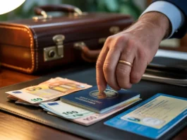 Ranka, kruopščiai organizuojanti pasą, užsienio valiutą ir draudimo dokumentus.