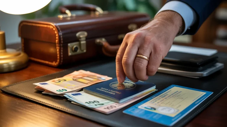 Ranka, kruopščiai organizuojanti pasą, užsienio valiutą ir draudimo dokumentus.