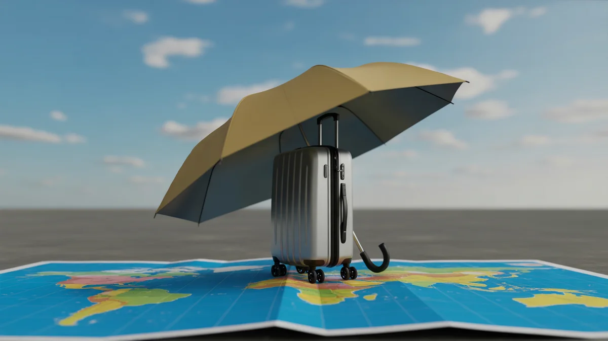 Kelionių Draudimas: Gidas, Kaip Pasirinkti Apsaugą Kelionei Image Kelionių lagaminas, saugomas po atviru skėčiu pasaulio žemėlapyje.