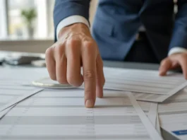 Asmens ranka randa aiškų, paprastą sprendimą tarp sudėtingų finansinių dokumentų.