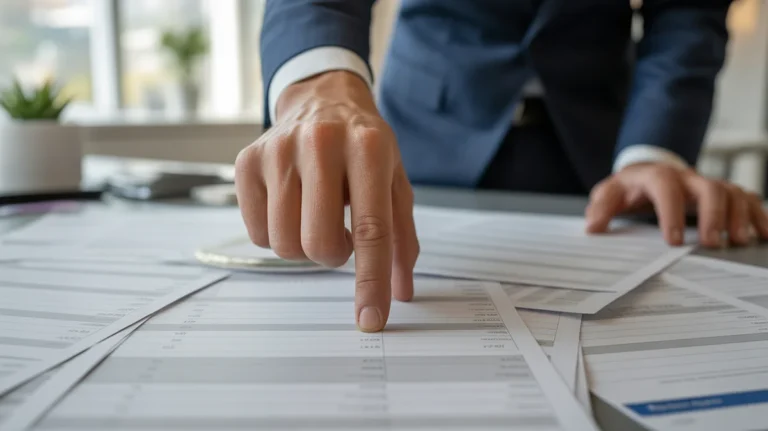 Asmens ranka randa aiškų, paprastą sprendimą tarp sudėtingų finansinių dokumentų.