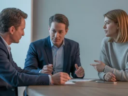 Europos finansų patarėjas, vedantis Europos porą ar mažą šeimą link bendros, optimistiškos finansinės ateities minimalistinėje posėdžių salėje, maudydamasis kinematografinės minkštos natūralios šviesos, orientuotos į bendradarbiavimą ir saugumą., 8K, aštrus dėmesys, aukšta detalė