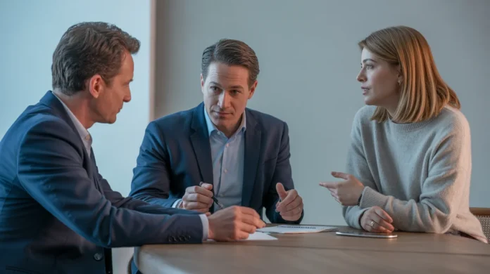 Europos finansų patarėjas, vedantis Europos porą ar mažą šeimą link bendros, optimistiškos finansinės ateities minimalistinėje posėdžių salėje, maudydamasis kinematografinės minkštos natūralios šviesos, orientuotos į bendradarbiavimą ir saugumą., 8K, aštrus dėmesys, aukšta detalė