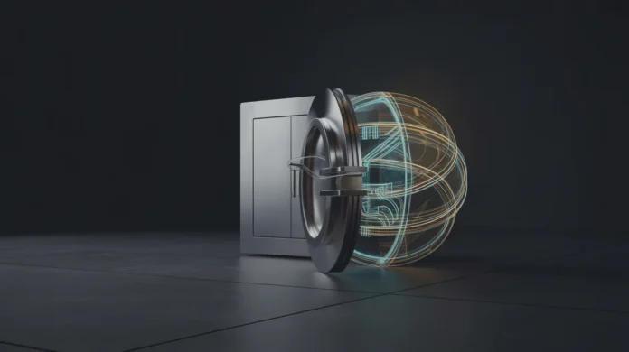 Aptakus, futuristinis 3D saugaus skaitmeninio skliauto atvaizdas, švytintis abstrakčiomis mėlynos ir auksinės energijos linijos