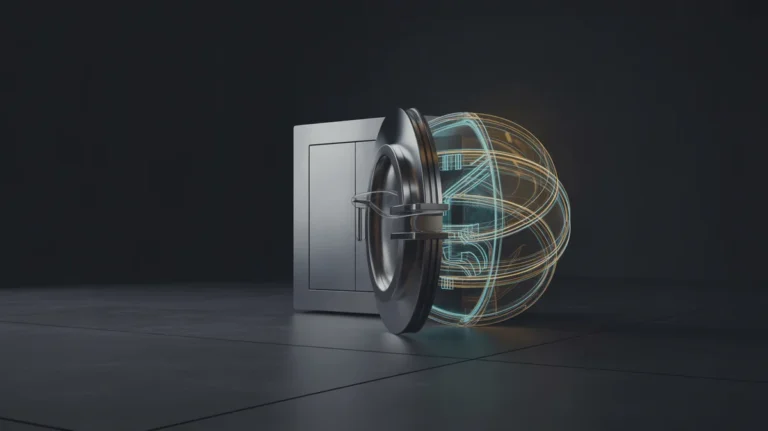 Aptakus, futuristinis 3D saugaus skaitmeninio skliauto atvaizdas, švytintis abstrakčiomis mėlynos ir auksinės energijos linijos