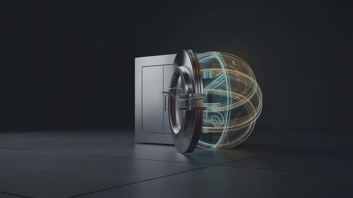 Kriptovaliutų Piniginės (Wallets): Kaip Saugiai Laikyti Kripto? Image Aptakus, futuristinis 3D saugaus skaitmeninio skliauto atvaizdas, švytintis abstrakčiomis mėlynos ir auksinės energijos linijos