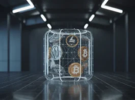 Futuristinio, minimalistinio skaitmeninio skliauto 3D pateikimas, subtiliai švytintis su „blockchain“ tinklo linijomis, saugiai uždengdami įvairius kriptovaliutų simbolius, nustatytus švariame, tamsiame fone su kinematografiniu apšvietimu, oktane.