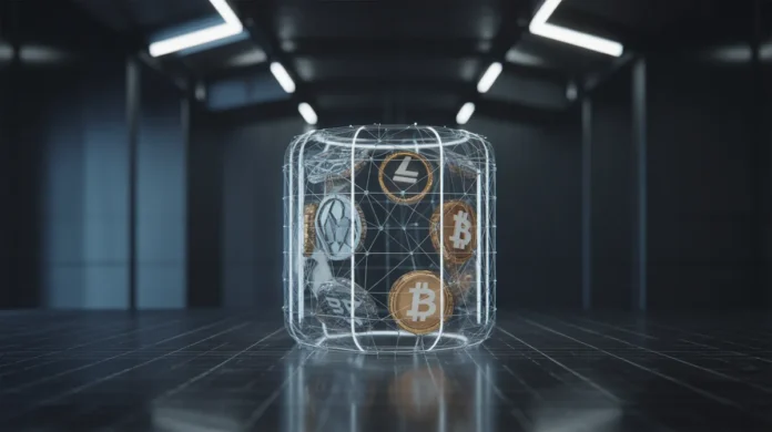 Kriptovaliutų Piniginės (Wallets): Kaip Saugiai Laikyti Kripto? Image Futuristinio, minimalistinio skaitmeninio skliauto 3D pateikimas, subtiliai švytintis su „blockchain“ tinklo linijomis, saugiai uždengdami įvairius kriptovaliutų simbolius, nustatytus švariame, tamsiame fone su kinematografiniu apšvietimu, oktane.