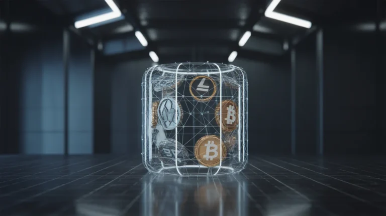 Futuristinio, minimalistinio skaitmeninio skliauto 3D pateikimas, subtiliai švytintis su „blockchain“ tinklo linijomis, saugiai uždengdami įvairius kriptovaliutų simbolius, nustatytus švariame, tamsiame fone su kinematografiniu apšvietimu, oktane.