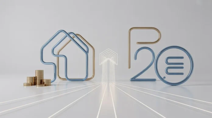 Sudėtingas 3D koncepcinis pateikimas, pasižymintis abstrakčiais finansiniais elementais, tokiais kaip stilizuotas namo kontūras, monetų krūva ir skaitmeninės sąsajos piktograma, sujungta švytinčiais, aiškiais keliais, suartėjančiomis link centrinės, subtiliai žvilgančios geometrinės formos, simbolizuojančios augimą ir klestėjimą. Dizainas yra minimalistinis, švariame, lengvame fone, su gyvybingais, tačiau raminančiais mėlynais ir auksiniais akcentais, apšviestais kino oktaninio atvaizdavimo apšvietimu., 8K, aukšta detalė, aštrus fokusas, profesionali fotografija
