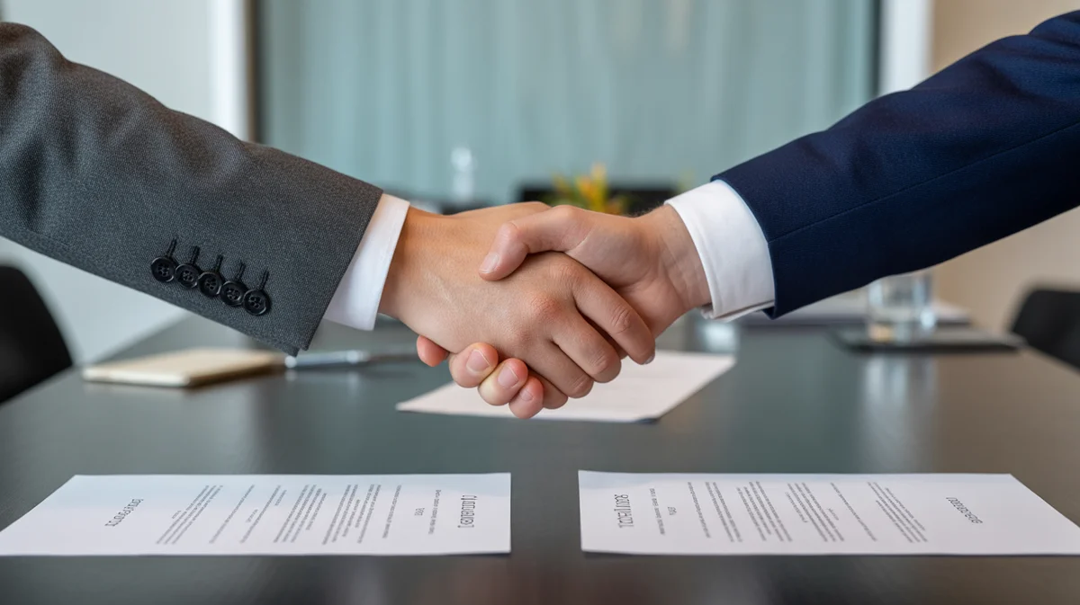 Dviejų Europos verslo profesionalų rankų iš arti, kad būtų tvirtas rankos paspaudimas, su diskretiškai matomais pasirašytais finansiniais dokumentais ant šiuolaikinio stalo, simbolizuojant greitą ir patikimą susitarimą; Optimistiški, saugūs, profesionalūs., 8K, aštrus dėmesys, aukšta detalė
