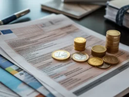 Lietuvos mokesčių dokumentai, euro monetos ir teisiniai tekstai, organizuoti ant stalo.
