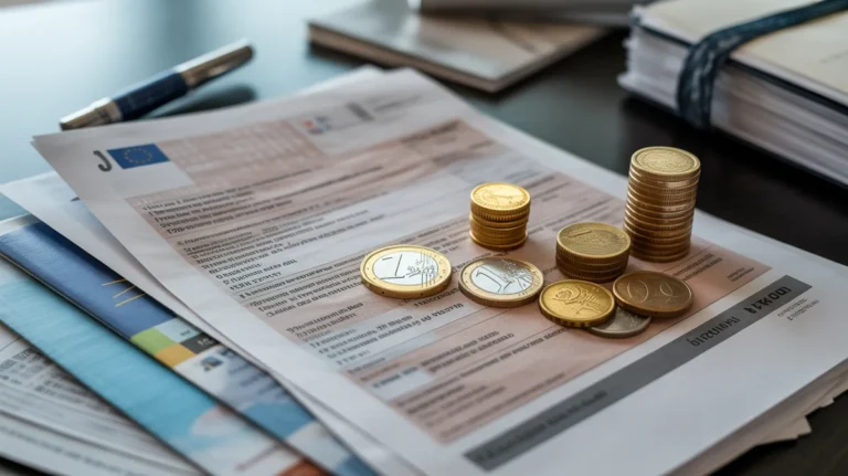 Lietuvos mokesčių dokumentai, euro monetos ir teisiniai tekstai, organizuoti ant stalo.