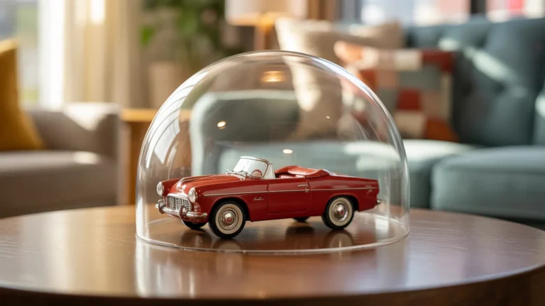 Žaislinis automobilis saugiai įsikūrė per skaidrią apsauginį burbulą.