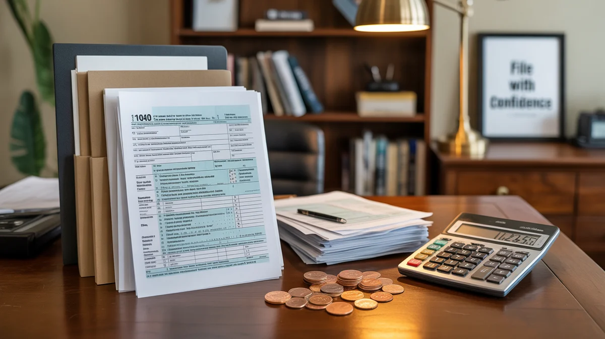 Neatly arranged tax forms, a calculator, and coins on a desk.