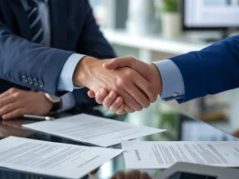 Dviejų Europos verslo profesionalų, padarančių tvirtą rankos paspaudimą per gerai matomus, pasirašytus finansinius dokumentus ant šiuolaikinio stalo, vaizdas iš arti.