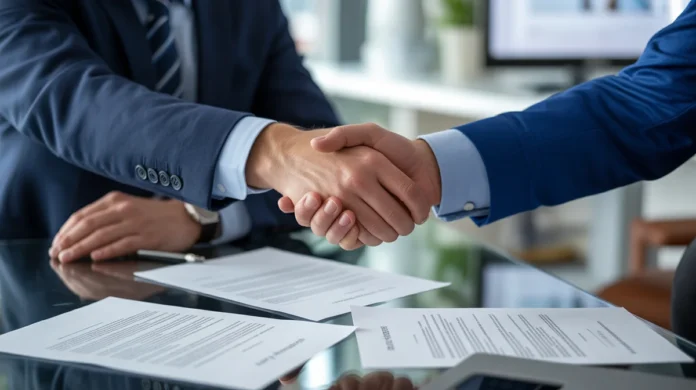 Dviejų Europos verslo profesionalų, padarančių tvirtą rankos paspaudimą per gerai matomus, pasirašytus finansinius dokumentus ant šiuolaikinio stalo, vaizdas iš arti.