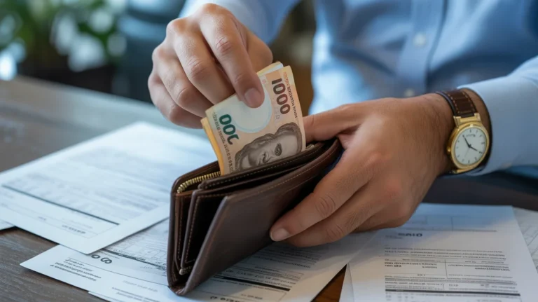 Asmens ranka, įdedanti užsienio valiutą į piniginę, apsuptą mokesčių dokumentų.