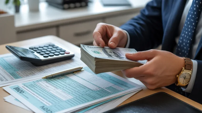 Rankos skaičiuoja krūvą pinigų šalia mokesčių formų ir skaičiuoklę ant stalo.