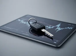Produktų fotografavimo stilius, modernus automobilio raktas, uždėtas ant aptakios, minimalistinės tabletės, rodančios abstrakčią skaitmeninę finansinę grafiką, švarų studijos foną, aštrų fokusą, detalias faktūras, minkštą kino apšvietimą., 8K, aukšta detalė, aštrus fokusavimas, profesionali fotografija