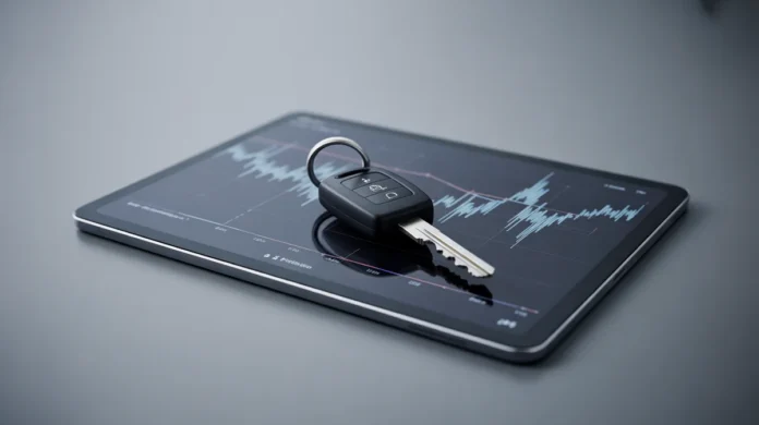 Produktų fotografavimo stilius, modernus automobilio raktas, uždėtas ant aptakios, minimalistinės tabletės, rodančios abstrakčią skaitmeninę finansinę grafiką, švarų studijos foną, aštrų fokusą, detalias faktūras, minkštą kino apšvietimą., 8K, aukšta detalė, aštrus fokusavimas, profesionali fotografija