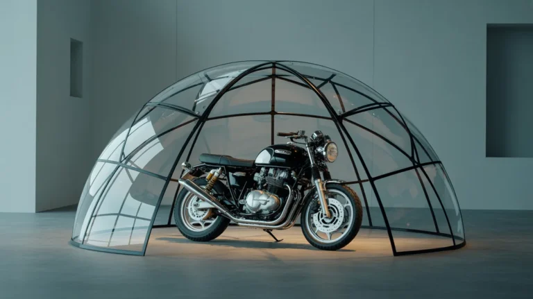 Aptakus motociklas, saugiai apsaugotas po skaidriu apsauginiu kupolu.