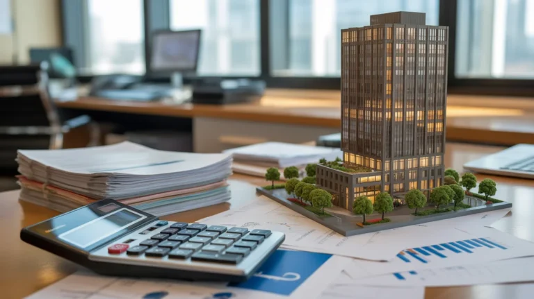 Krūmai finansinių dokumentų ir skaičiuoklė ant stalo šalia korporatyvinio pastato modelio.