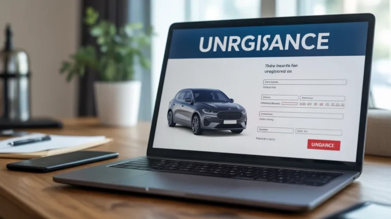 Nešiojamojo kompiuterio ekrane rodoma internetinė neregistruoto automobilio draudimo paraiška.