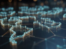 Sudėtingo P2P („Peer-to-Peer“) finansinio tinklo duomenų vizualizavimas, žėrintis sujungtų mazgų ir linijų, iliustruojantis dinaminius operacijų srautus ir subtilius rizikos modelius, futuristinį infografiką, gilų tamsią foną, gyvą mėlyną ir auksinę paletę, kinematografinį apšvietimą, ypač aukštą detalę.