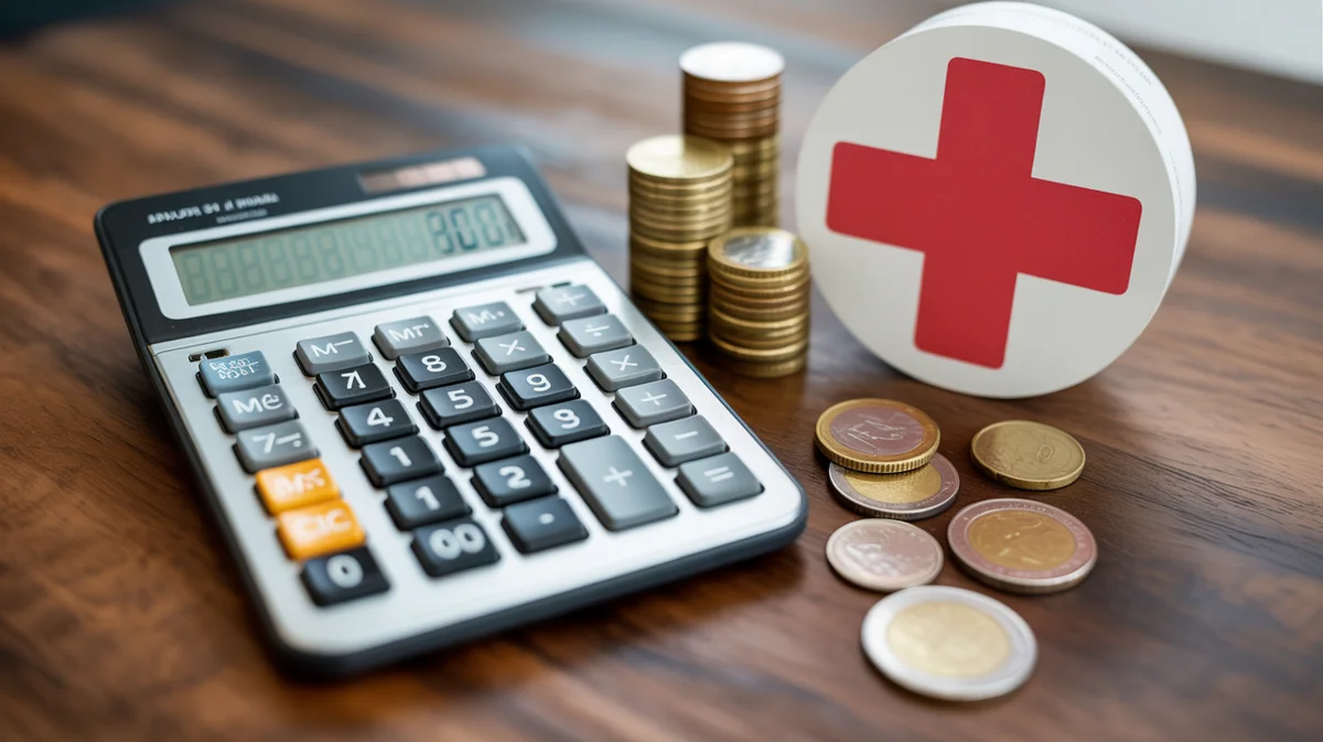 Skaičiuoklė, rodanti skaičius, apsuptas monetų ir medicininio kryžiaus simbolio.