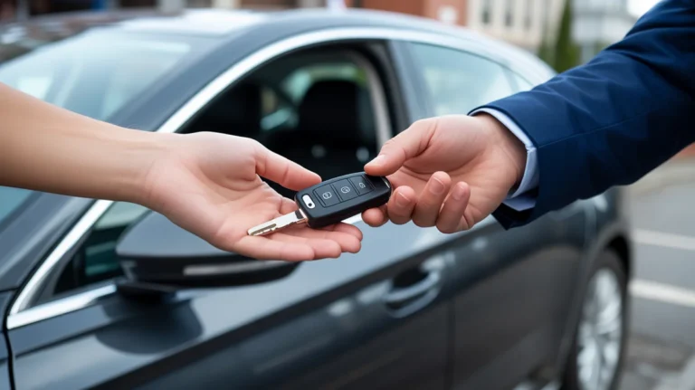 „Hands Exchange“ automobilio rakteliai laikinai pakaitinei transporto priemonei šalia pažeisto automobilio.