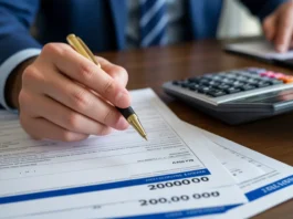 Rankoje reikia rašiklio virš paskolos dokumentų ir skaičiuoklę už 20 000 eurų paskolą.