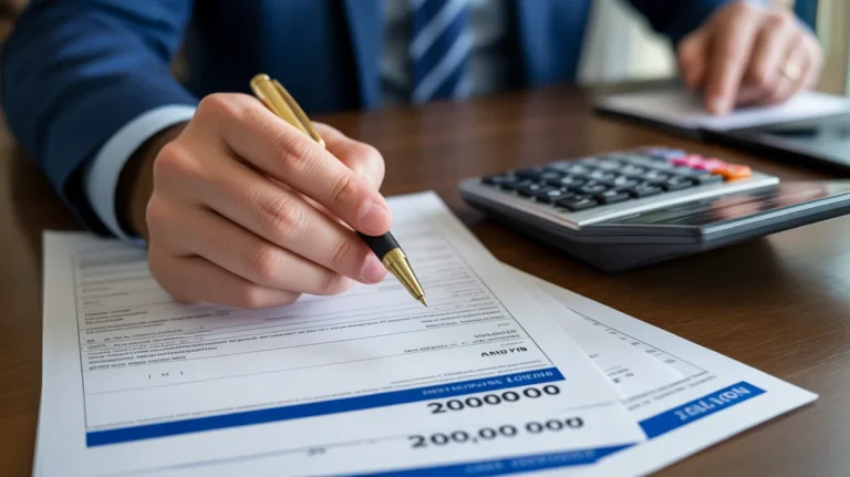 Rankoje reikia rašiklio virš paskolos dokumentų ir skaičiuoklę už 20 000 eurų paskolą.