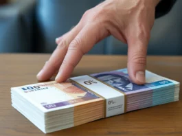 Ranka, pasiekusi krūvą naujų banknotų su 0% palūkanų etikete.