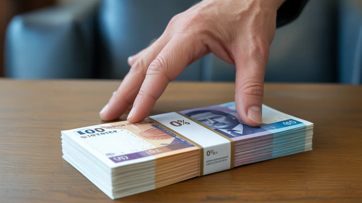 Ranka, pasiekusi krūvą naujų banknotų su 0% palūkanų etikete.
