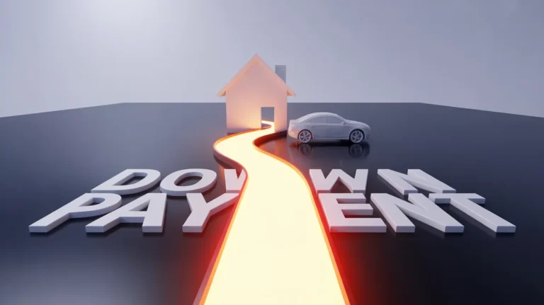 3D koncepcinis pateikimas, žėrintis, aiškus kelias, be vargo vedantis į modernų namą ir automobilių siluetą, sklandžiai tekėdamas per simbolinį, išsklaidantį „įmokos“ barjerą, simbolizuojantį prieigą prie paskolų be pradinio kapitalo ir alternatyvių sprendimų, minimalistinės, švaraus fono