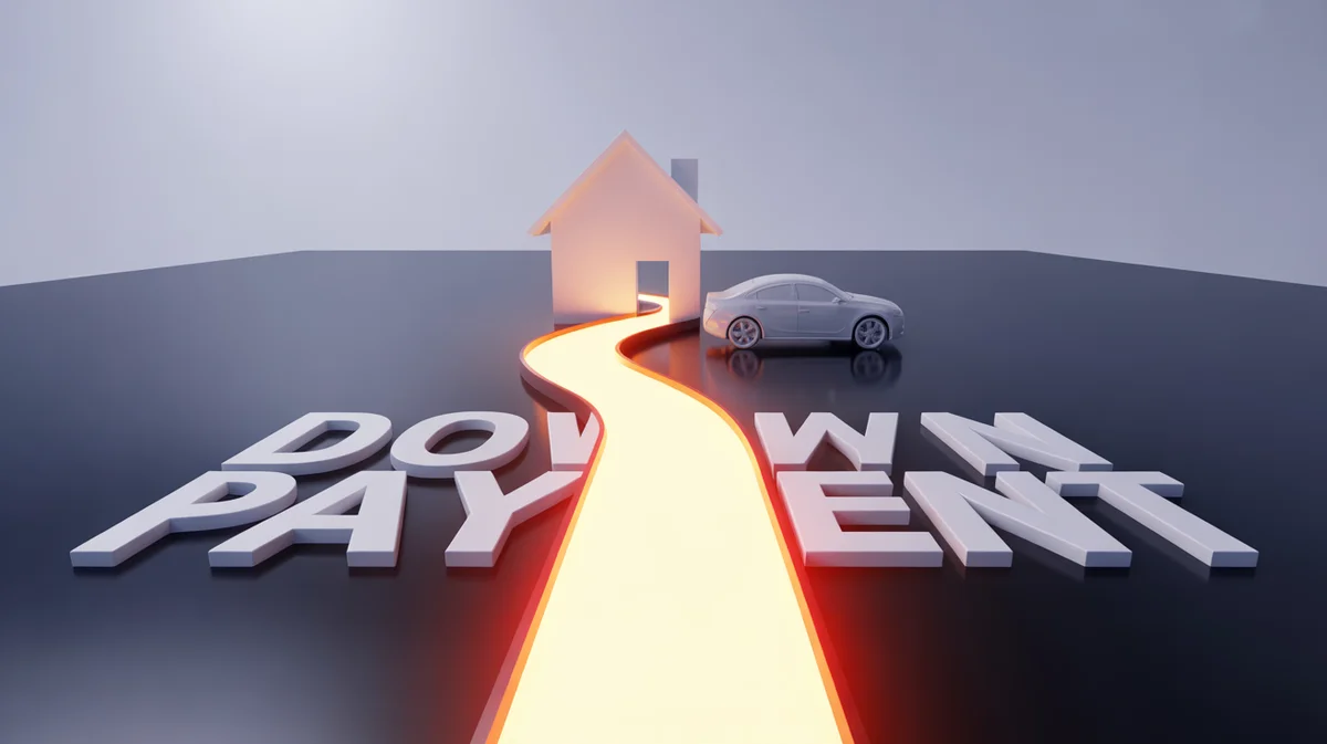 Paskola Be Pradinio Įnašo: Realijos ir Alternatyvos Image 3D koncepcinis pateikimas, žėrintis, aiškus kelias, be vargo vedantis į modernų namą ir automobilių siluetą, sklandžiai tekėdamas per simbolinį, išsklaidantį „įmokos“ barjerą, simbolizuojantį prieigą prie paskolų be pradinio kapitalo ir alternatyvių sprendimų, minimalistinės, švaraus fono