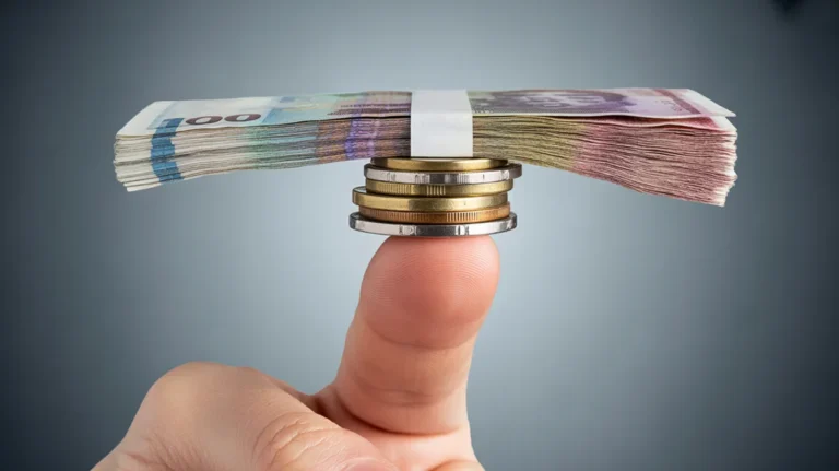 Banknotų ir monetų krūva vienu piršto galiuku subalansavo.