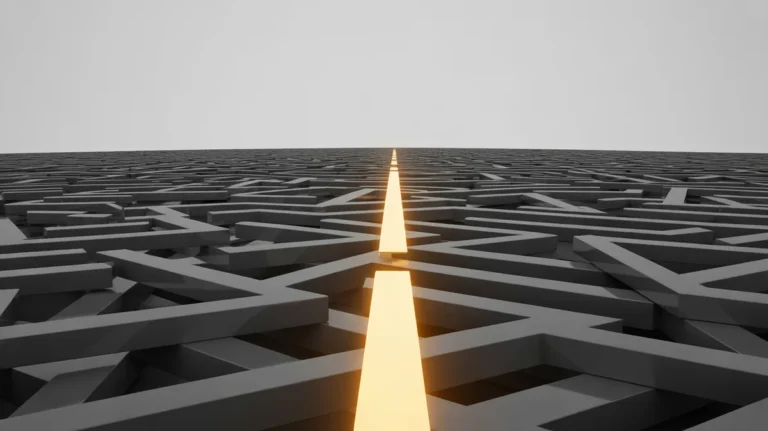 Minimalistinis 3D pateikimas, vaizduojantis liekną, žėrintį auksinį kelią, kruopščiai naršydamas po chaotišką, tamsią abstrakčią susipynusių metalinių grandinių labirintą ir sunkias geometrines formas