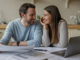 Besišypsanti Europos pora sėdi prie virtuvės stalo, apsupta namų renovacijos nuotaikų lentų ir brėžinių, su nešiojamuoju kompiuteriu, atviram į finansinės palyginimo vietą, išsimaudytą švelnia, natūralia šviesa, perteikiančiu jaudulį ir protingą savo svajonių namų planavimą. Fotorealistinis, nuoširdus momentas, gyvenimo būdas