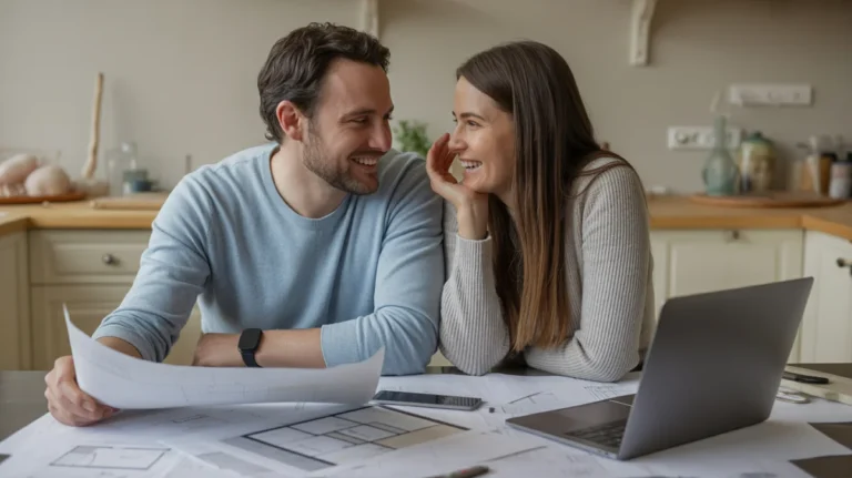 Besišypsanti Europos pora sėdi prie virtuvės stalo, apsupta namų renovacijos nuotaikų lentų ir brėžinių, su nešiojamuoju kompiuteriu, atviram į finansinės palyginimo vietą, išsimaudytą švelnia, natūralia šviesa, perteikiančiu jaudulį ir protingą savo svajonių namų planavimą. Fotorealistinis, nuoširdus momentas, gyvenimo būdas