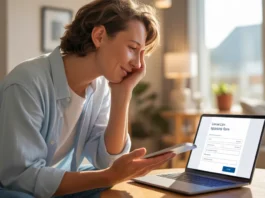 Relatomas jaunas Europos asmuo, turintis atsitiktinį drabužius, žiūrėdamas į viltingo atradimo ir palengvėjimo jausmą supaprastinta, patogi naudotoja internetinė paskolos paraiškos forma moderniame nešiojamojo kompiuterio ekrane, išsimaudytą šiltu, natūraliais saulės spinduliais jaukiame namų interjere. Vaizdas turėtų sukelti lengvumą, prieinamumą ir teigiamą kelią į priekį, fotorealistinę, gyvenimo būdo fotografiją, seklią lauko gylį, 4K, 8K, aukšta detalė, aštrus dėmesys, profesionali fotografija