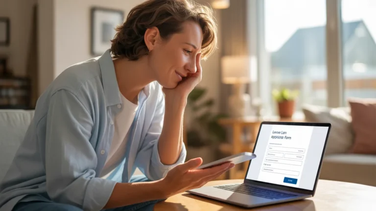 Relatomas jaunas Europos asmuo, turintis atsitiktinį drabužius, žiūrėdamas į viltingo atradimo ir palengvėjimo jausmą supaprastinta, patogi naudotoja internetinė paskolos paraiškos forma moderniame nešiojamojo kompiuterio ekrane, išsimaudytą šiltu, natūraliais saulės spinduliais jaukiame namų interjere. Vaizdas turėtų sukelti lengvumą, prieinamumą ir teigiamą kelią į priekį, fotorealistinę, gyvenimo būdo fotografiją, seklią lauko gylį, 4K, 8K, aukšta detalė, aštrus dėmesys, profesionali fotografija