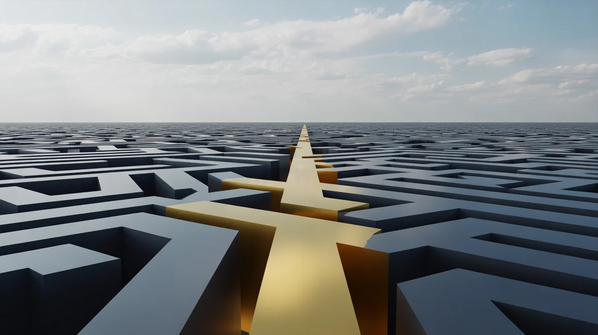 Paskola Su Skolomis ir Antstoliais: Ar Yra Sprendimas? Image Konceptualus 3D pateikimas, abstraktus ir simbolinis, vaizduojantis sudėtingą, tamsų ir slegiantį finansinį labirintą, pagamintą iš susipynusių linijų ir formų, iš kurių iškyla vienas, šviesus auksinis kelias, vedantis link atviro, viltingo horizonto. Minimalistinis, švarus fonas, kino apšvietimas, aukšta detalė, oktaninis perdavimas, 8K, aukšta detalė, aštrus dėmesys, profesionali fotografija