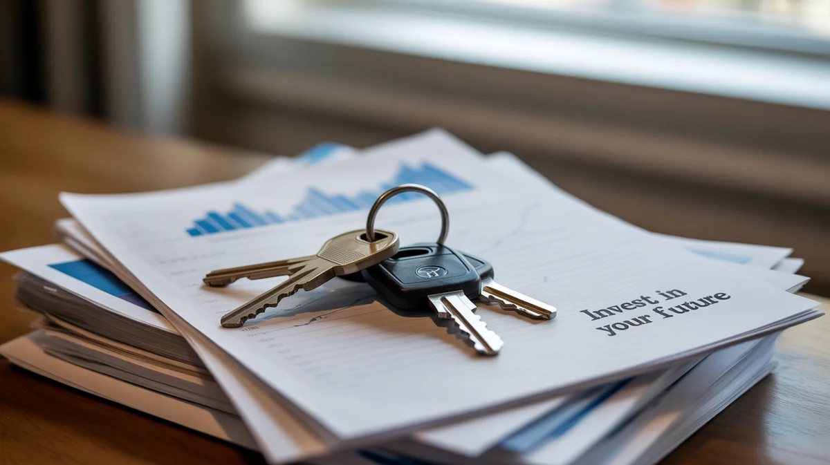 Nedidelis namas, automobilis ir buto raktai, remiantis finansiniais dokumentais.