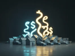Aptakus, minimalistinis 3D pateikimas, koncepcinis menas, vaizduojantis abstraktus, žėrinčius finansinius duomenų srautus ar valiutos simbolius