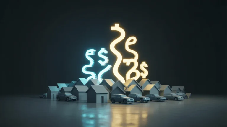 Aptakus, minimalistinis 3D pateikimas, koncepcinis menas, vaizduojantis abstraktus, žėrinčius finansinius duomenų srautus ar valiutos simbolius
