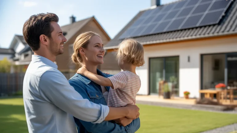Fotorealistinė gyvenimo būdo scena, kurioje vaizduojama laiminga Europos šeima (tėvai ir vaikas), stovinti savo šviesiame, moderniame kieme, žvelgdamas į savo namą su aiškiai matomomis saulės baterijomis ant stogo, perteikdama energetinio nepriklausomybės, finansinio saugumo ir būsimo taupymo, „Natūralios apšvietimo“, „Profession“, „Forge Moment“ ir „Negilios lauko“, 4K.