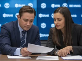 Du žmonės kartu nagrinėja paskolų dokumentus su banko logotipais fone.