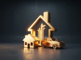 3D pateikimas, koncepcinis menas, stilizuotas auksinis namas ir automobilių piktogramos, susijusios su tvirtu, žėrinčiu pamatiniu bloku, gyvybingu abstrakčios finansinės šviesos, kylančios iš jos